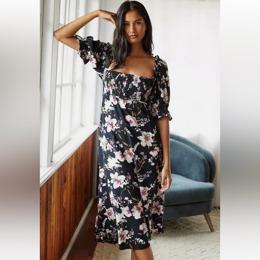 Anthropologie Puff-Sleeve Smocked Dress Black Floral